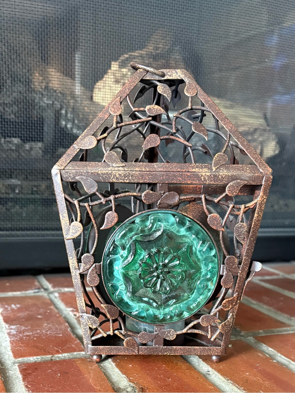 Retired PartyLite La Rosetta hanging lantern Metal & Green Glass Rustic Floral - Picture 8 of 11